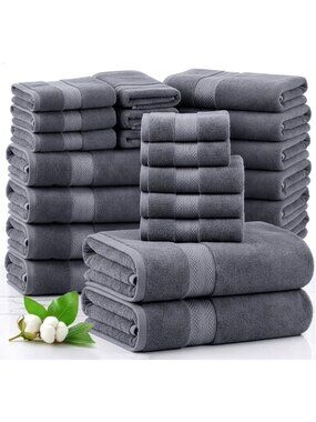 24-Piece Cotton Bath Towel Set - Soft, Quick-Dry, Highly Absorbent - Family